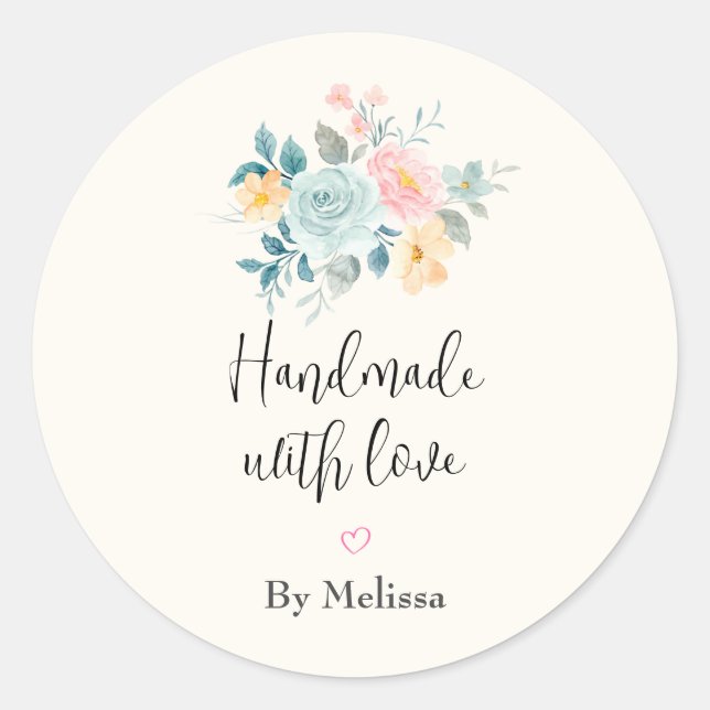 Handgefertigt mit Liebe Pink & Blue Blume Bouquet Runder Aufkleber (Vorderseite)