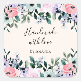 Handgefertigt mit Liebe Pink & Green Floral Wasser Quadratischer Aufkleber