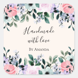 Handgefertigt mit Liebe Pink & Green Floral Wasser Quadratischer Aufkleber