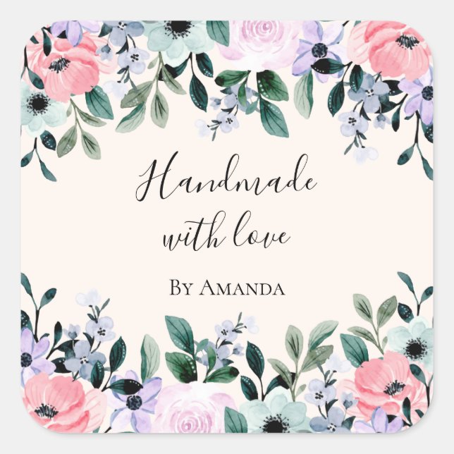 Handgefertigt mit Liebe Pink & Green Floral Wasser Quadratischer Aufkleber (Vorderseite)