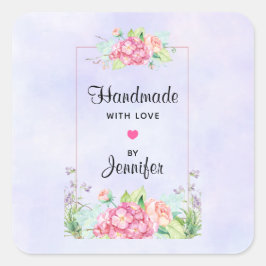 Handgefertigt mit Liebe Rosa Aquarellrahmen Quadratischer Aufkleber