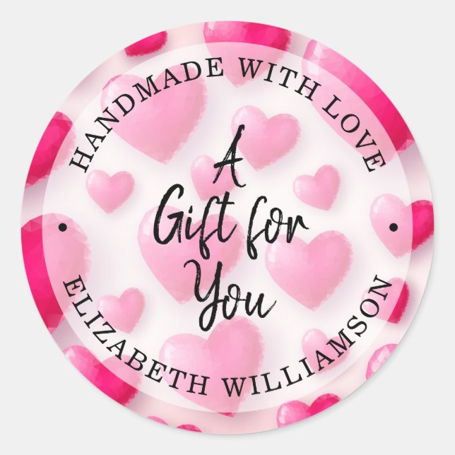 Handgefertigt mit Liebe Rosa Herzen Runder Aufkleber (Vorderseite)