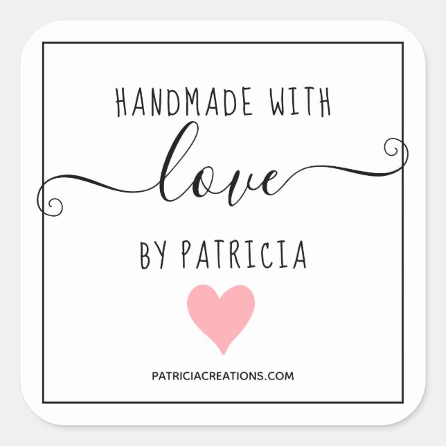 Handgefertigt mit Liebe rosa Herzhandwerk Quadratischer Aufkleber (Vorderseite)
