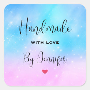 Handgefertigt mit Liebe Rosa und Blauer Himmel Quadratischer Aufkleber