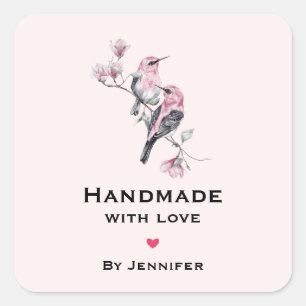 Handgefertigt mit Liebe Rosa und Schwarze Vögel au Quadratischer Aufkleber