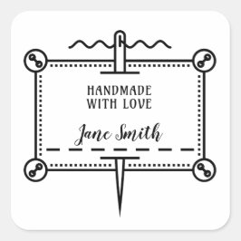 Handgefertigt mit Liebe | Schaltflächen und Nadeld Quadratischer Aufkleber