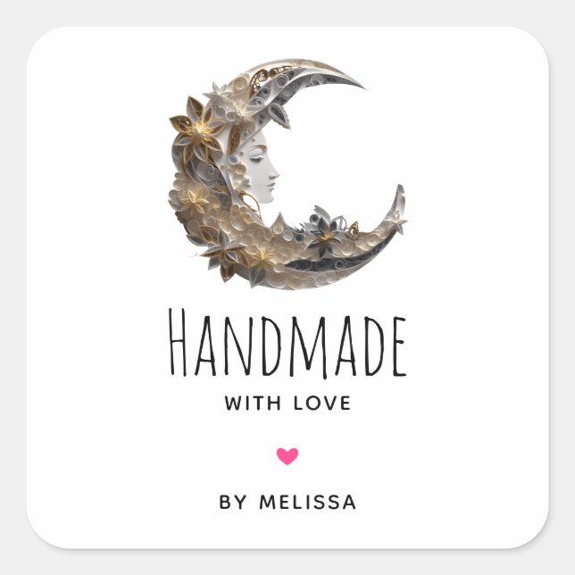 Handgefertigt mit Liebe Schönes Gesicht im Mond Quadratischer Aufkleber (Vorderseite)