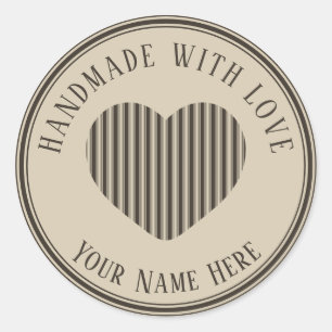 handgefertigt mit Liebe-schwarz-Creme-Streifen Runder Aufkleber