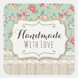 Handgefertigt mit Liebe Shabby Chic Rose Lace & Bu Quadratischer Aufkleber
