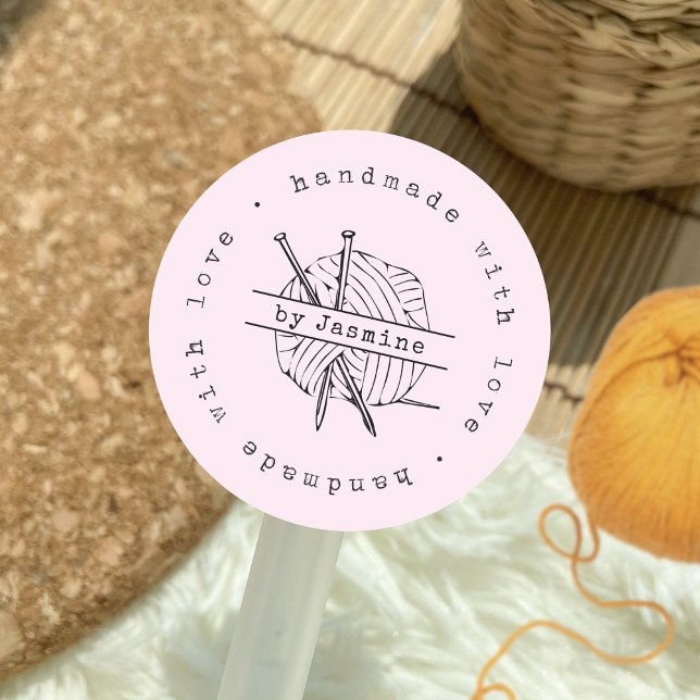 Handgefertigt mit Liebe Strick Small Business Pink Runder Aufkleber (Pink Handmade with Love Knit Small Business - Crochet, package & supplies, custom stickers)