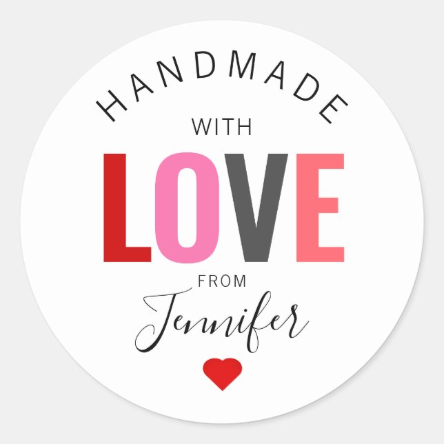 Handgefertigt mit Liebe Valentinstag Roter Herznam Runder Aufkleber (Vorderseite)