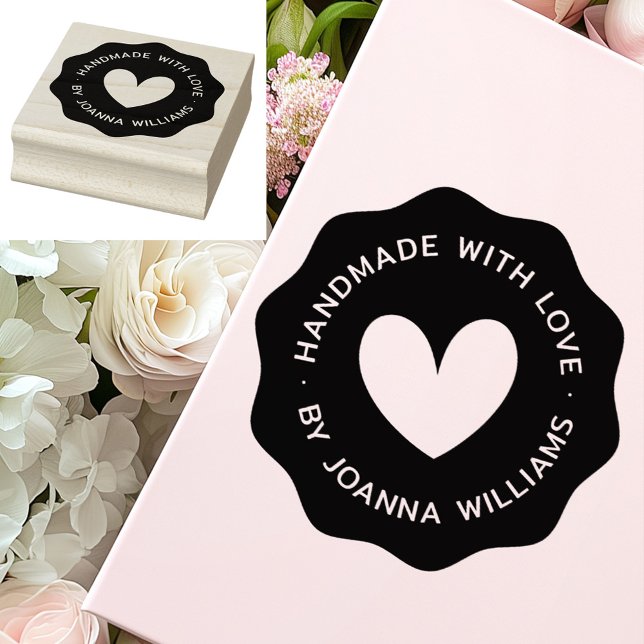 Handgefertigt mit Liebe von individuellen Namen Gummistempel (Handmade with love by custom name wavy border rubber stamp)