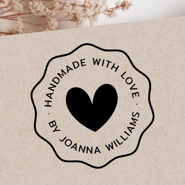 Handgefertigt mit Liebe von individuellen Namen mi Gummistempel (Handmade with love by custom name thin wavy border rubber stamp)