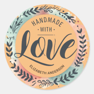 Handgefertigt mit Liebe Watercolor Wreath Brush Sc Runder Aufkleber