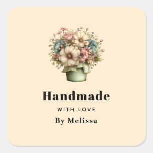 Handgefertigt mit Liebe - Whimsische Blumen in ein Quadratischer Aufkleber