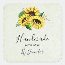 Handgefertigt mit Liebe Yellow Sunflower Bouquet Quadratischer Aufkleber