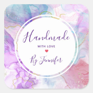 Handgefertigt mit Lila Liebe, grün, rosa Farbe Quadratischer Aufkleber