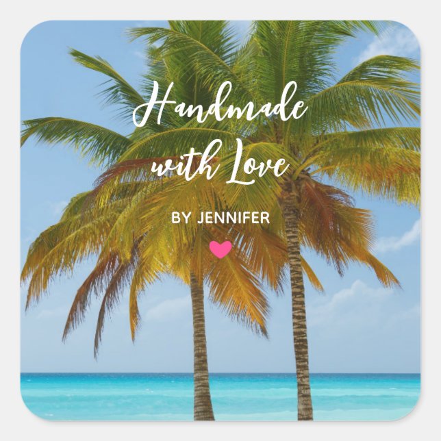 Handgefertigt mit Palmen-Liebe an einem tropischen Quadratischer Aufkleber (Vorderseite)