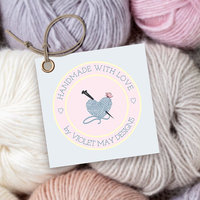 Handgefertigt mit rosa und blauen Lieben Geschenkanhänger (Handmade with Love Craft Boutique Artisan Maker Gift Tag)