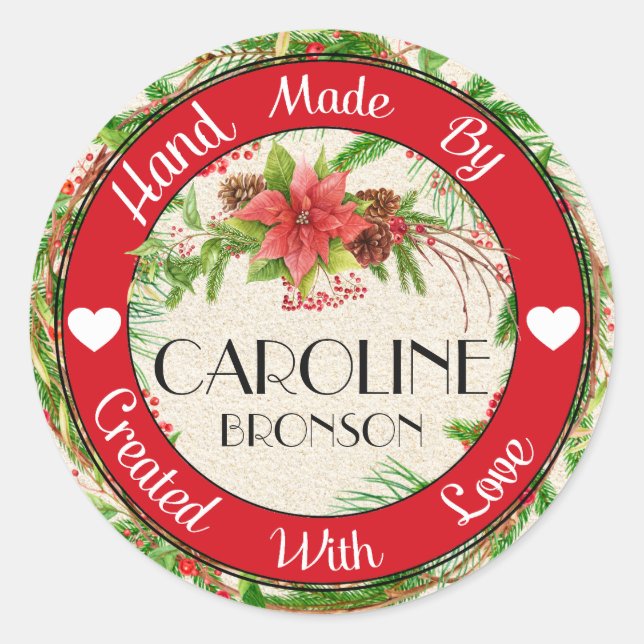 Handgefertigt mit Weihnachtsaufkleber der Liebe Runder Aufkleber (Vorderseite)
