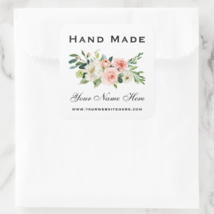 Handgefertigt Rosa Weiße Wasserfarbe Floral Klein Quadratischer Aufkleber