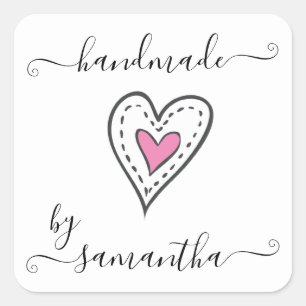 Handgefertigt von Custom Name Pink Doodle Herz Quadratischer Aufkleber