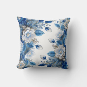 Handgefertigte blaue Seide 3D-Blumenstickerei Kissen