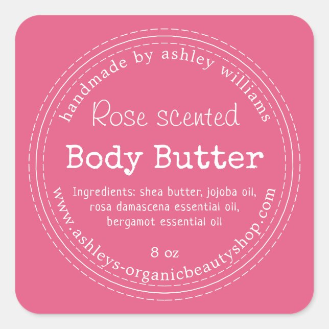 Handgefertigte Body Butter Bio Business Hot Pink C Quadratischer Aufkleber (Vorderseite)
