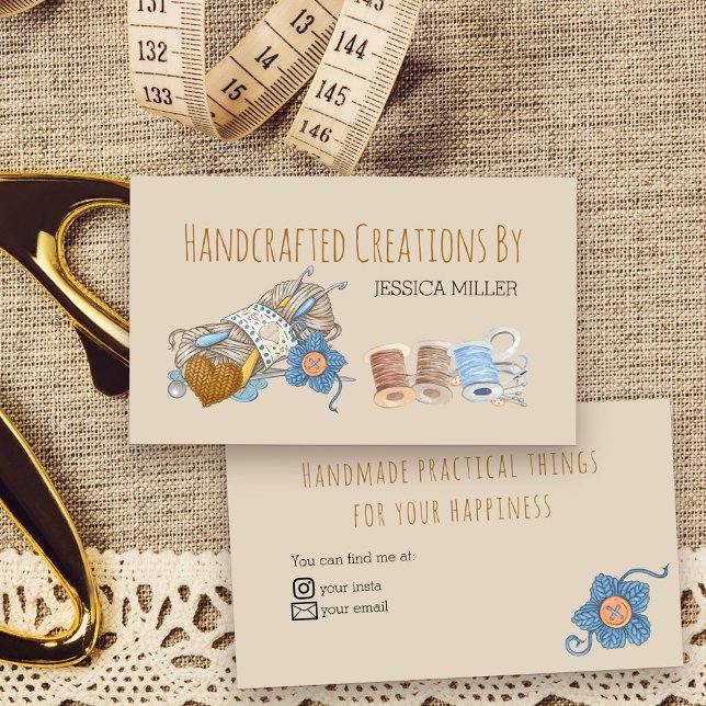 Handgefertigte Kreationen Garne Vintage Creme nähe Visitenkarte (Handmade Creations Business Card - ideal for crafts inc. sewing, crochet, knitting ..)