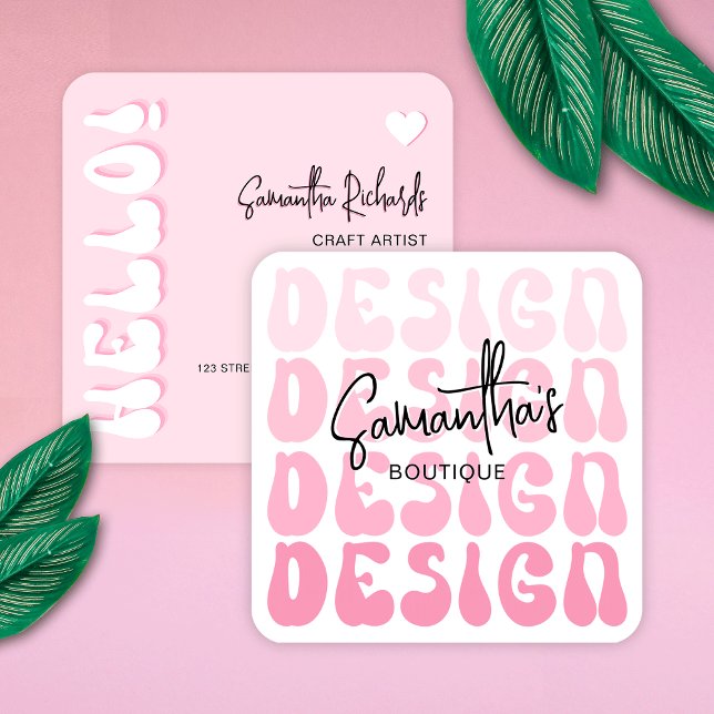 Handgefertigte Kreuzer-Designs Künstler Retro Rosa Quadratische Visitenkarte (Crafter and designers trendy business cards with retro fonts and pink colors)