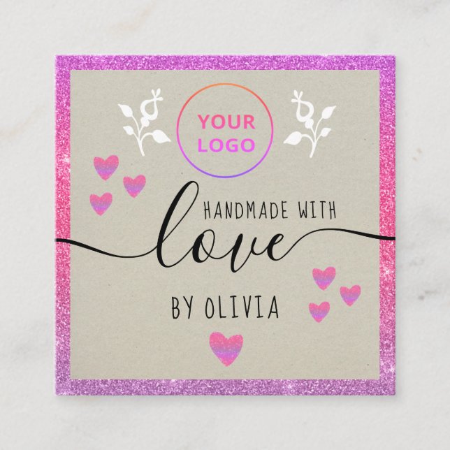 Handgefertigte Liebe Typografie Rosa Glitzer Ombre Quadratische Visitenkarte (Vorderseite)