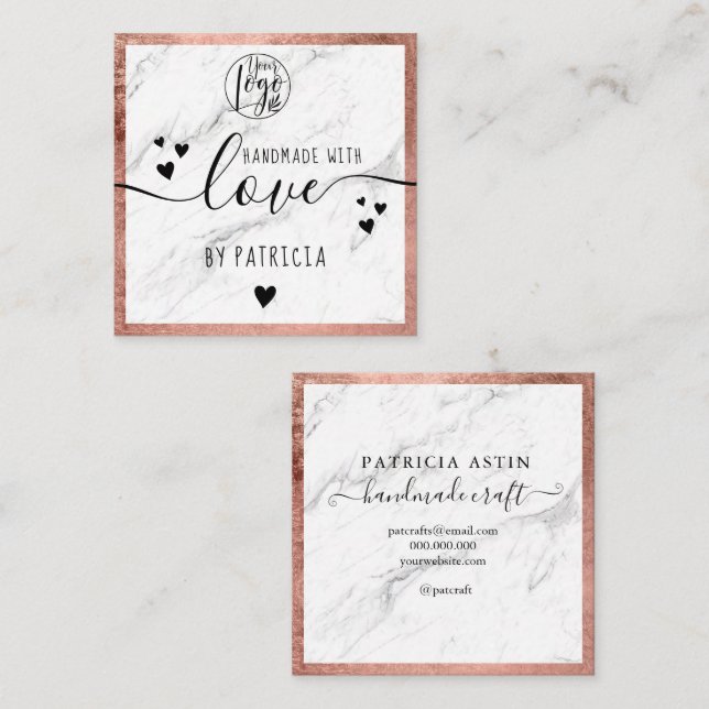Handgefertigte Liebe Typografie Rose Gold Marmorlo Quadratische Visitenkarte (Vorne/Hinten)