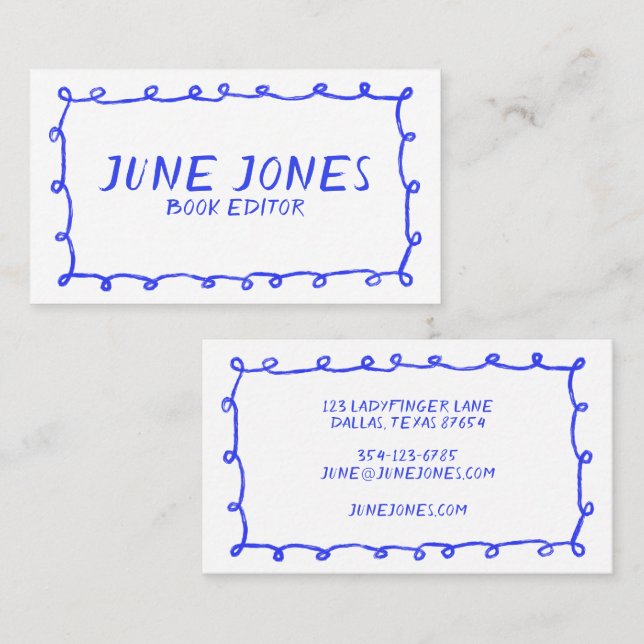 Handgefertigte Loops Doodle Whimsical Inky Periwin Visitenkarte (Vorne/Hinten)