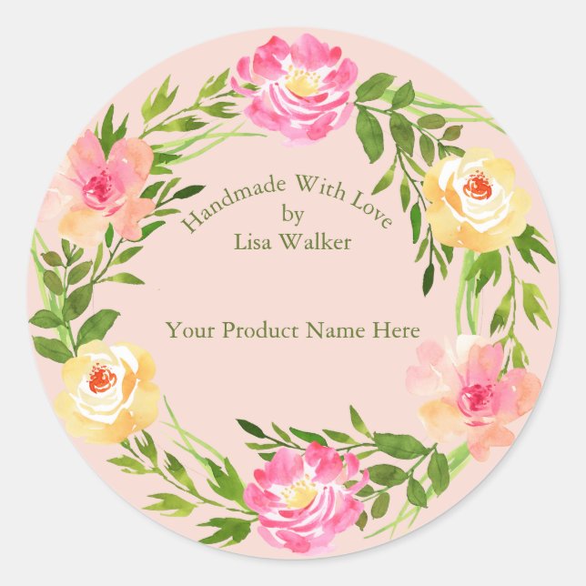 Handgefertigte Rose Wreath Blush Center Runder Aufkleber (Vorderseite)