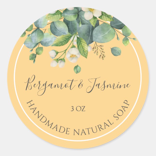 Handgefertigte Seifenaufkleber Floral Bergamot und Runder Aufkleber (Vorderseite)