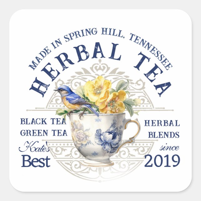 Handgefertigte Teebezeichnungen mit Teacup Rose Bl Quadratischer Aufkleber (Vorderseite)
