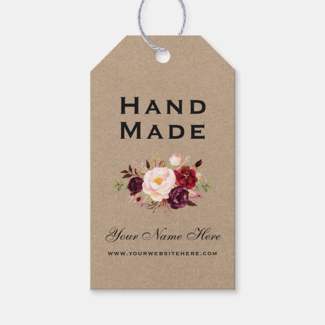 Handgefertigte Watercolor Burgundy Floral Kraft Ta Geschenkanhänger (Vorderseite)