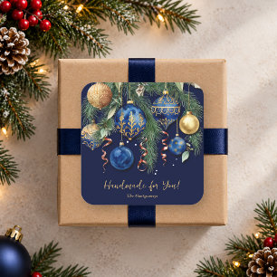 Handgefertigter Gold- und Blau-Weihnachtsschmuck f Quadratischer Aufkleber