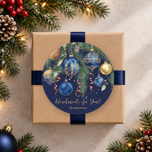 Handgefertigter Gold- und Blau-Weihnachtsschmuck f Runder Aufkleber