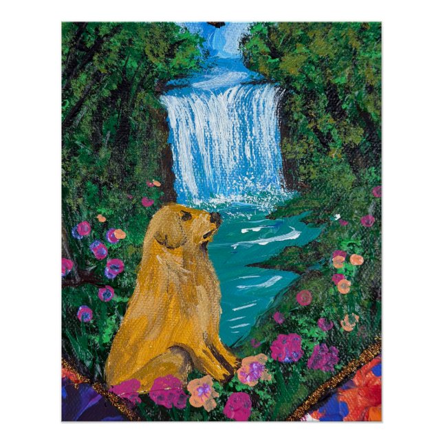     Handgefertigtes Kunstwerk – Hund am Wasserfall Poster (Vorderseite)