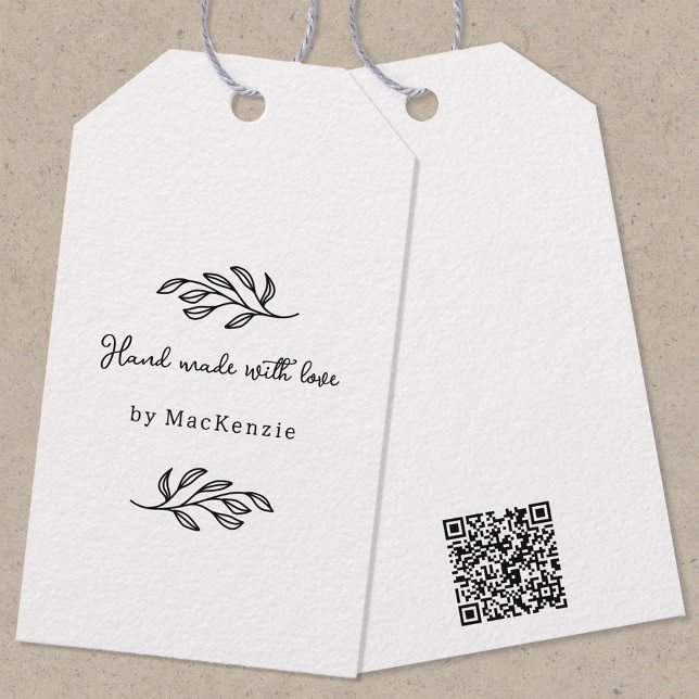 Handgefertigtes mit Liebe QR-Code Produkt Preissch Geschenkanhänger (Hand Made with Love custom name botanical leaf line art small business maker QR code price tag)