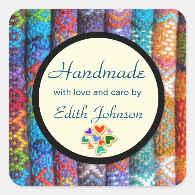 Handgemacht! Quadratischer Aufkleber (Vorderseite)