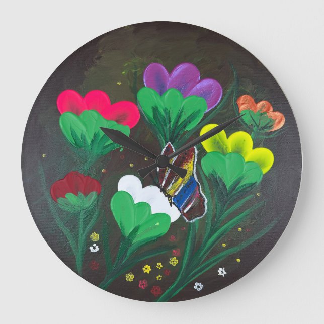 Handgemachte Kunst - Schmetterlingsblüte Große Wanduhr (Vorderseite)