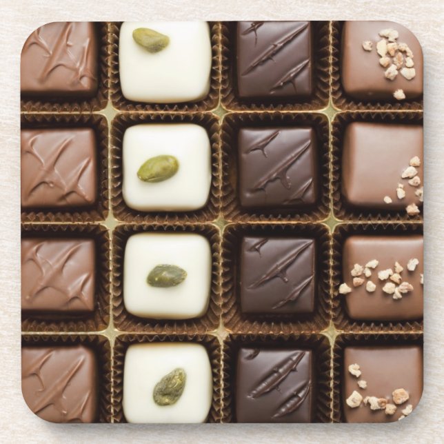 Handgemachte Luxusschokolade in einem Kasten Getränkeuntersetzer (Vorderseite)