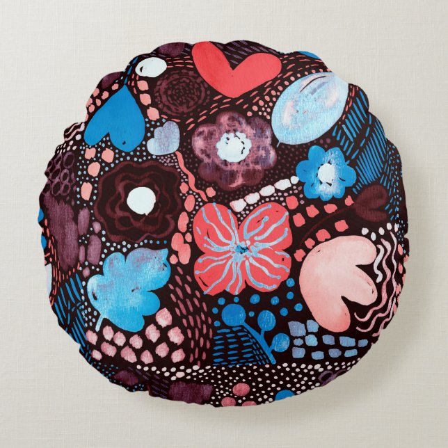 Handgemälde Abstrakte Wasserfarbenkizze Doodle Fl Rundes Kissen (Vorderseite)
