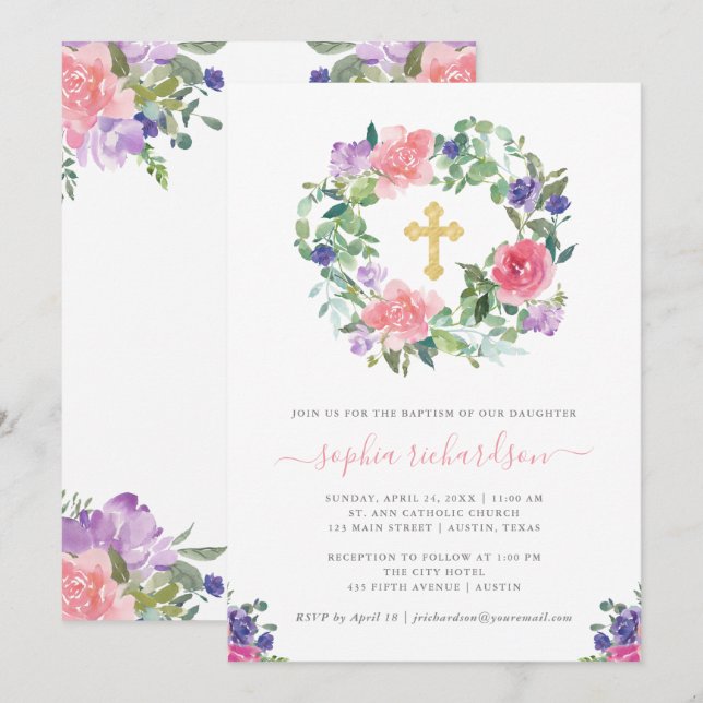 Handgemälde| Trendy Watercolor Taufe Einladung (Vorne/Hinten)