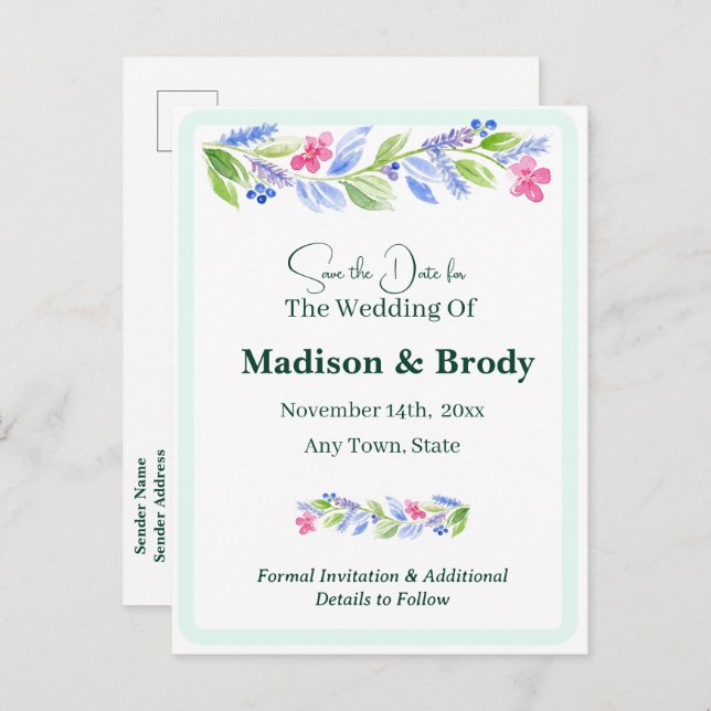 Handgemalt Aquarellfarbenes, florales Save the Dat Ankündigungspostkarte (Vorne/Hinten)
