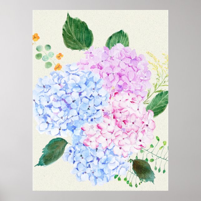 Handgemalt blau und rosa Hydrangea Poster (Vorne)