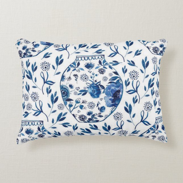 Handgemalt Blau & Weiß Chinoiserie Blumenstil Dekokissen (Vorderseite)