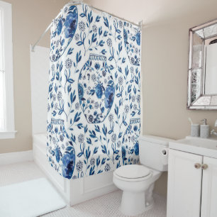 Handgemalt Blau & Weiß Chinoiserie Blumenstil Duschvorhang